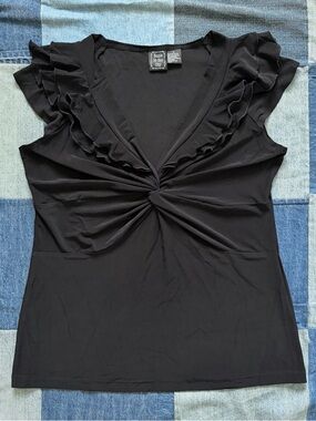 Vintage y2k suzie in the city black blouse ruffle cap sleeve size L